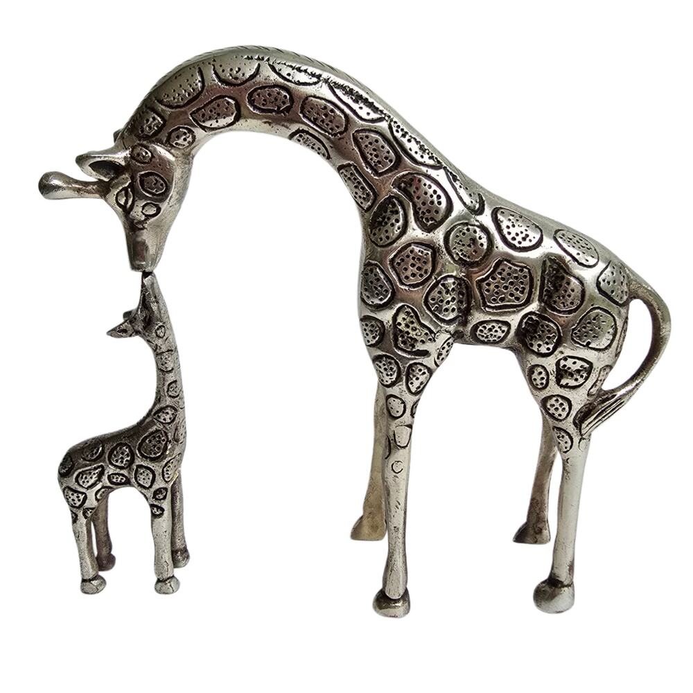 Giraffe Mom Baby Sculpture Metal Silver Black Kissing Giraffes Animals Wildlife